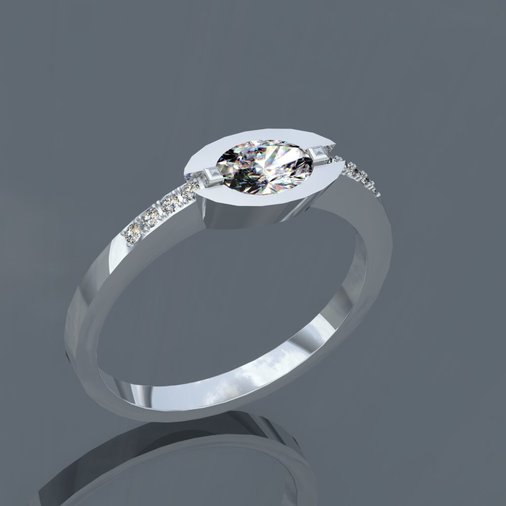 Bague Solitaire Marquise Horizontale en Or Blanc 18 Carats et Pavage Diamants