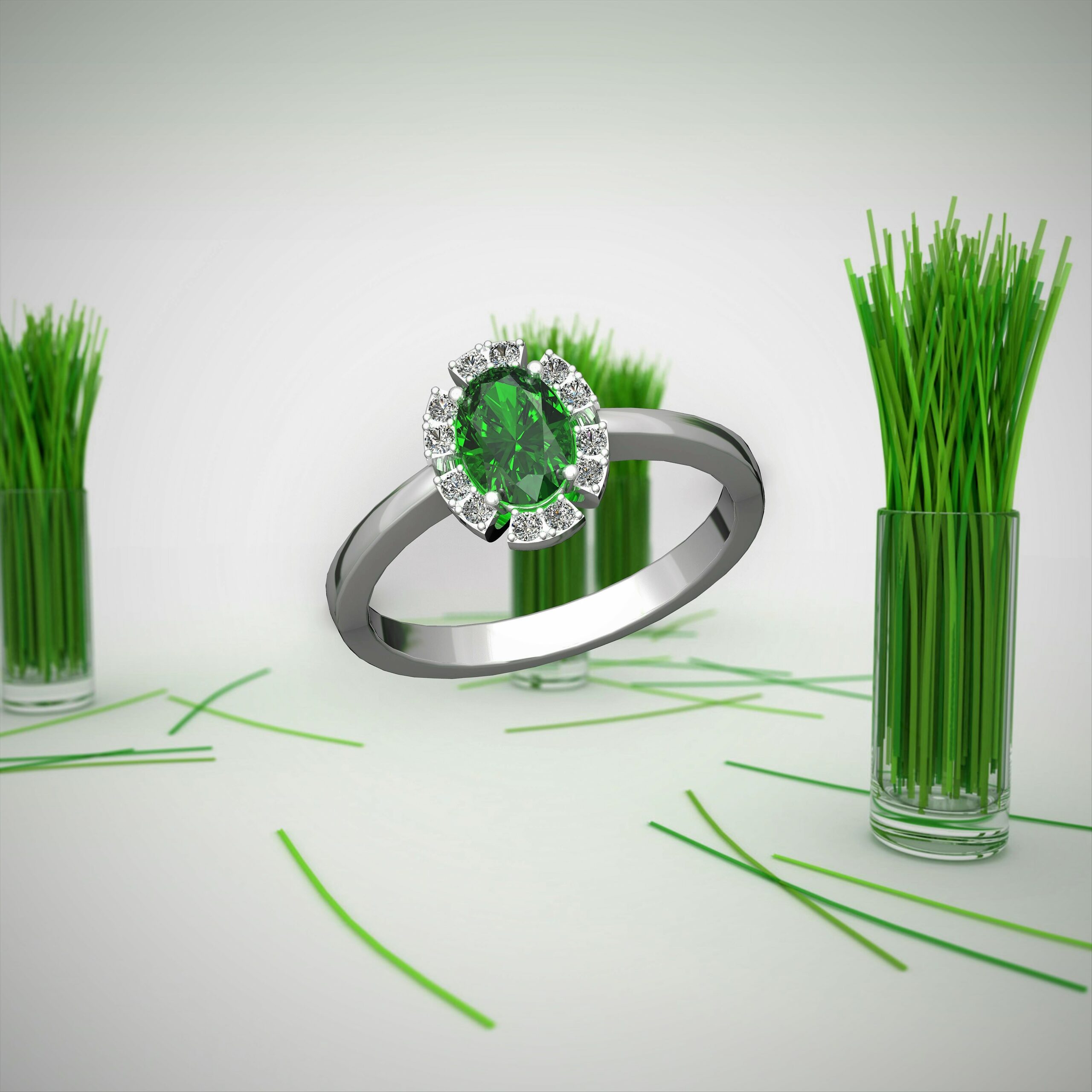 Bague Marguerite en Or Blanc 18 Carats, Émeraude Ovale et Halo Diamants