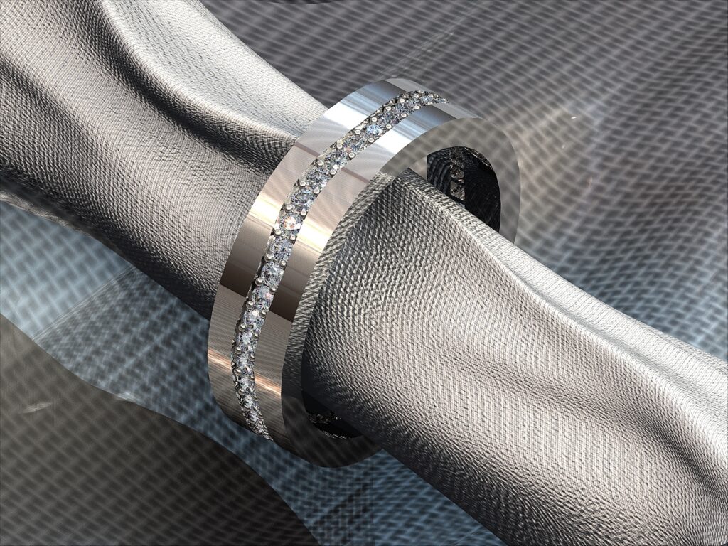 Bague Alliance Ruban en Or Blanc 18 Carats Brossé et Pavage Diamants