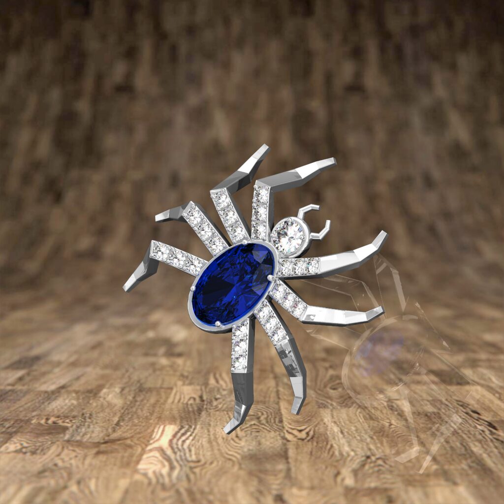 Pendentif Araignée de Haute Joaillerie en Or Blanc 18 Carats, Saphir et Diamants