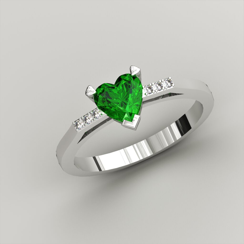 Bague Solitaire Émeraude Cœur en Or Blanc 18 Carats et Épaulement Diamants