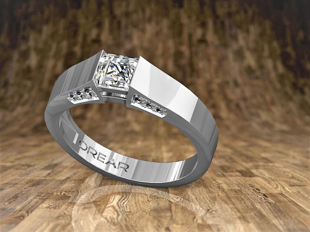 Bague Architecturale en Or Blanc 18 Carats, Diamant Princesse et Pavage Latéral