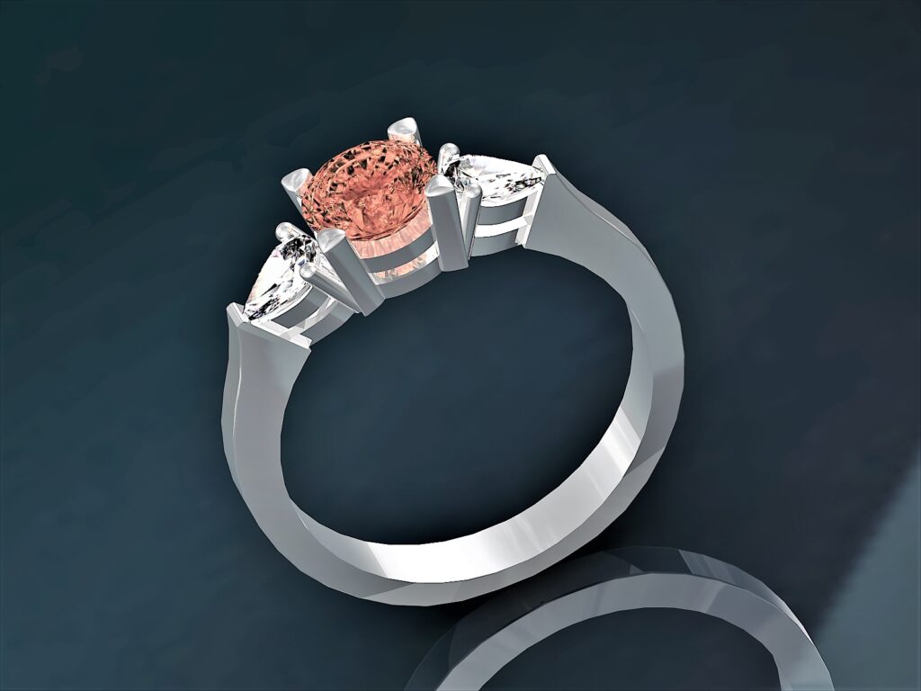 Bague Trilogie en Or Blanc 18 Carats, Morganite Pêche et Diamants Poire