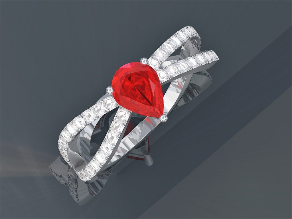 Bague Entrelacée en Or Blanc 18 Carats, Rubis Poire et Pavage Diamants