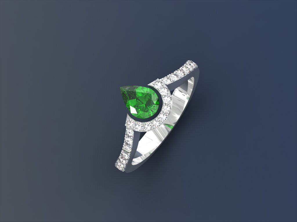 Bague Asymétrique Courbe en Or Blanc 18 Carats, Émeraude Poire et Diamants