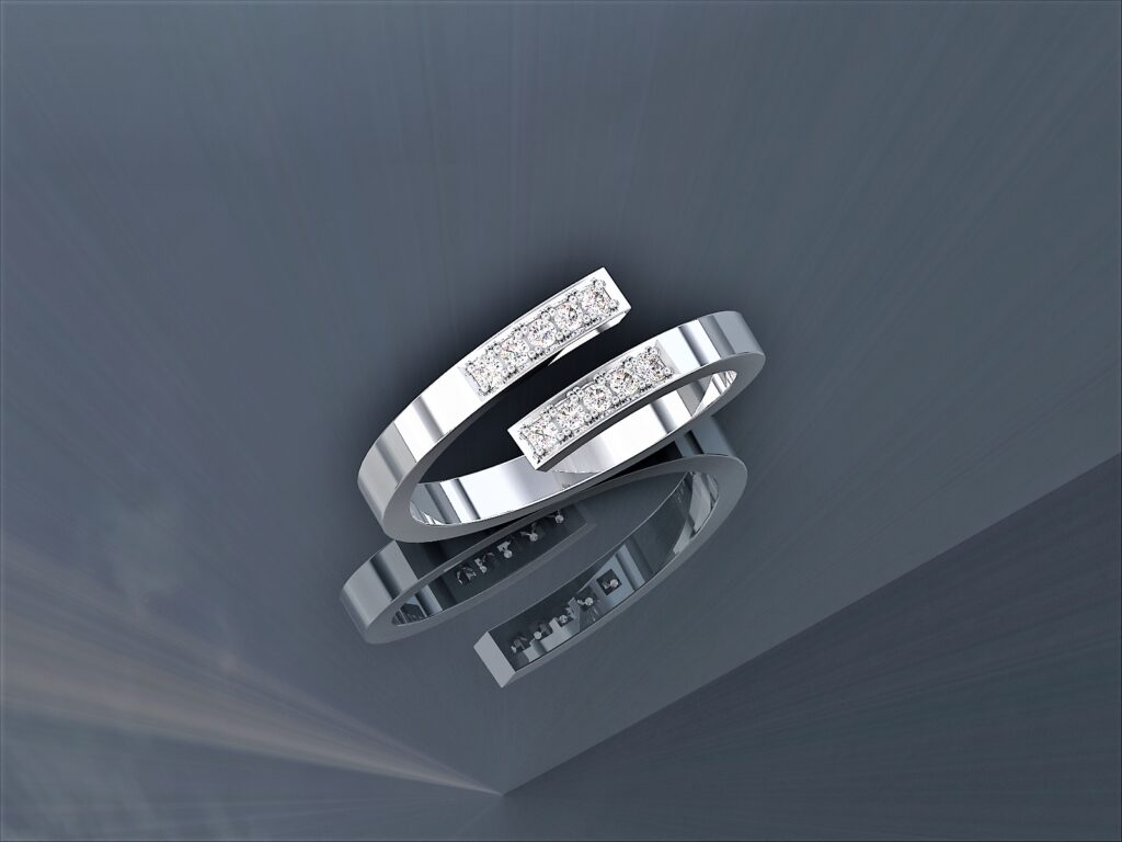 Bague Ouverte Graphique en Or Blanc 18 Carats et Barrettes Diamants