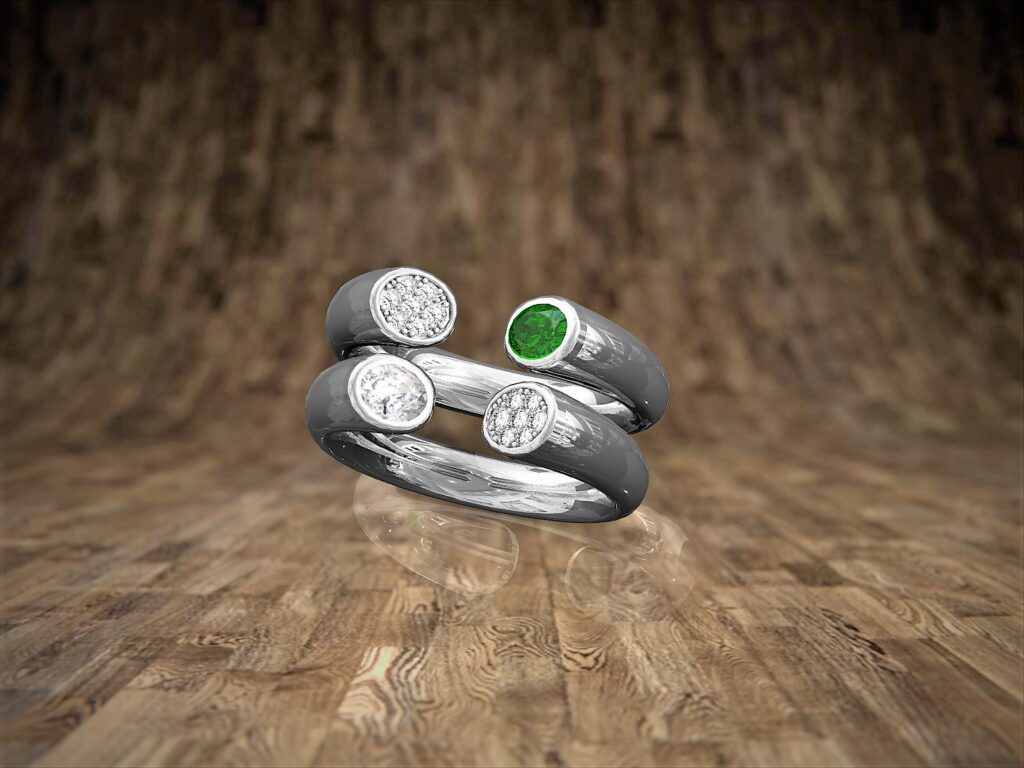 Bague Triple Anneau Ouvert en Or Blanc 18 Carats, Émeraude et Diamants