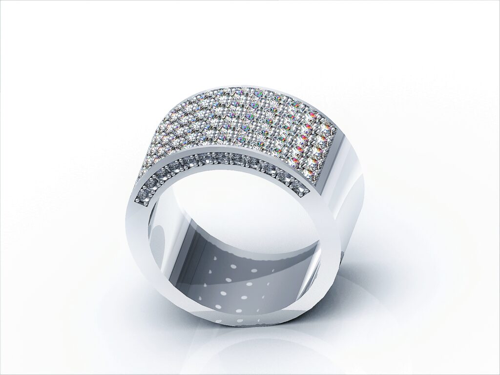 Bague Bandeau Large en Or Blanc 18 Carats et Double Pavage Diamants