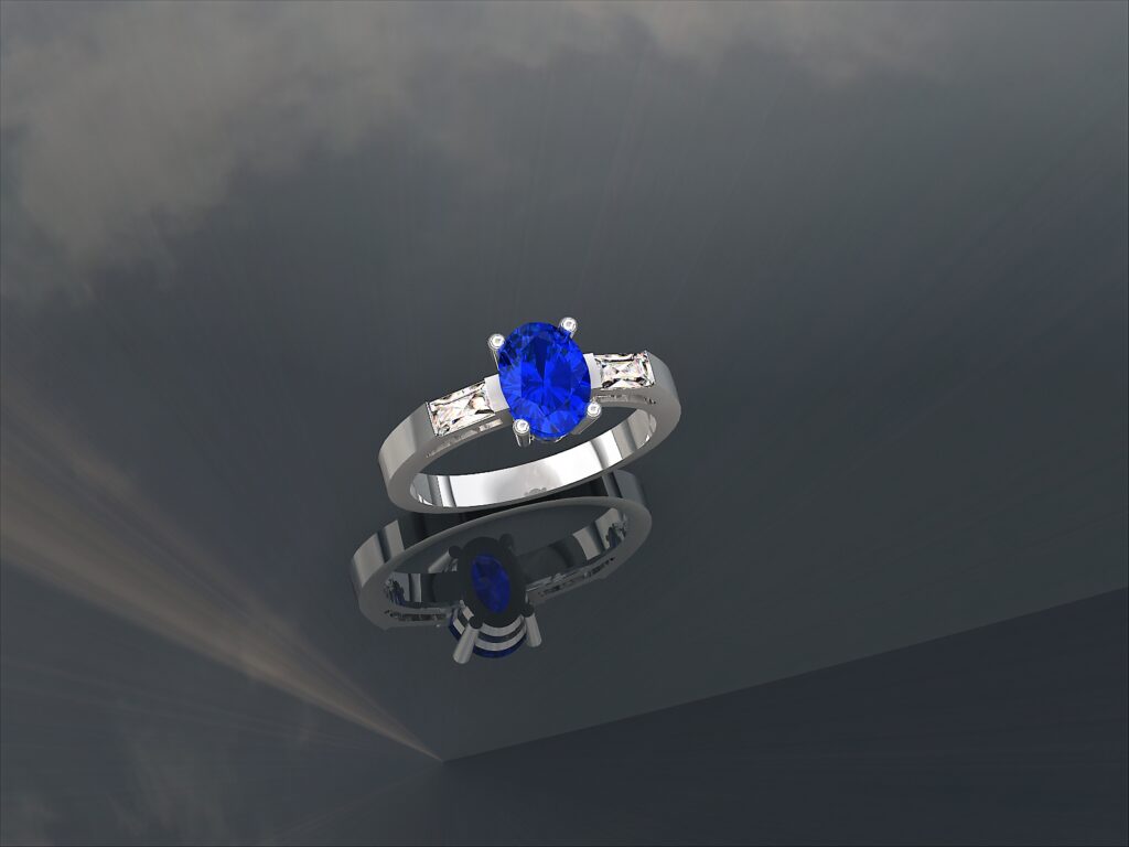 Bague Trilogie en Or Blanc 18 Carats, Saphir Ovale et Diamants Baguettes
