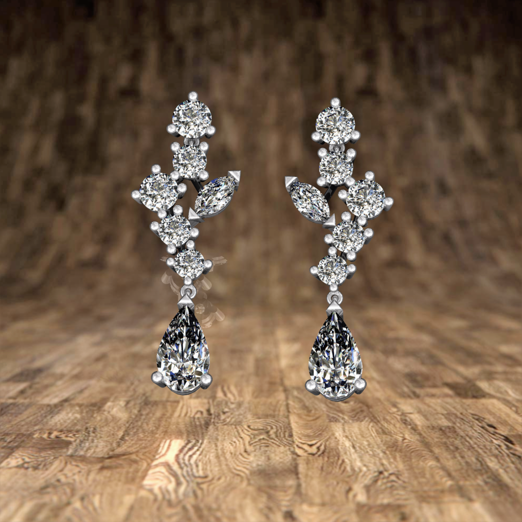 Boucles d&rsquo;Oreilles Pendantes Floral Goutte en Or Blanc 18 Carats et Diamants