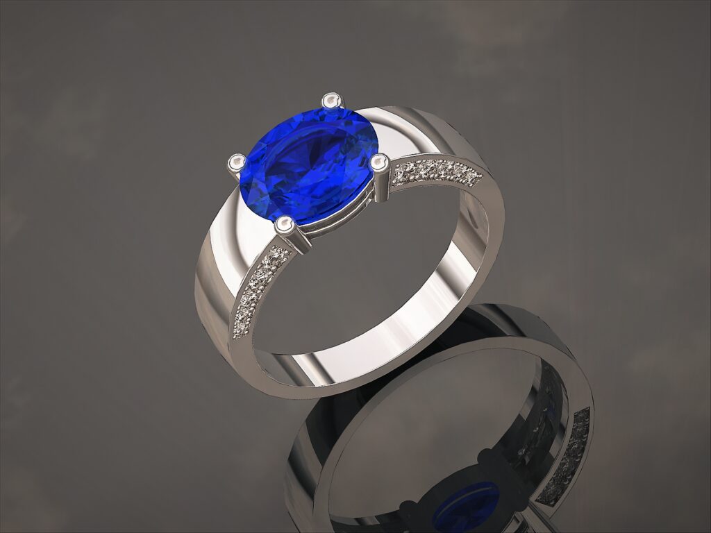 Bague Signet Moderne en Or Blanc 18 Carats, Saphir Ovale et Lignes de Diamants