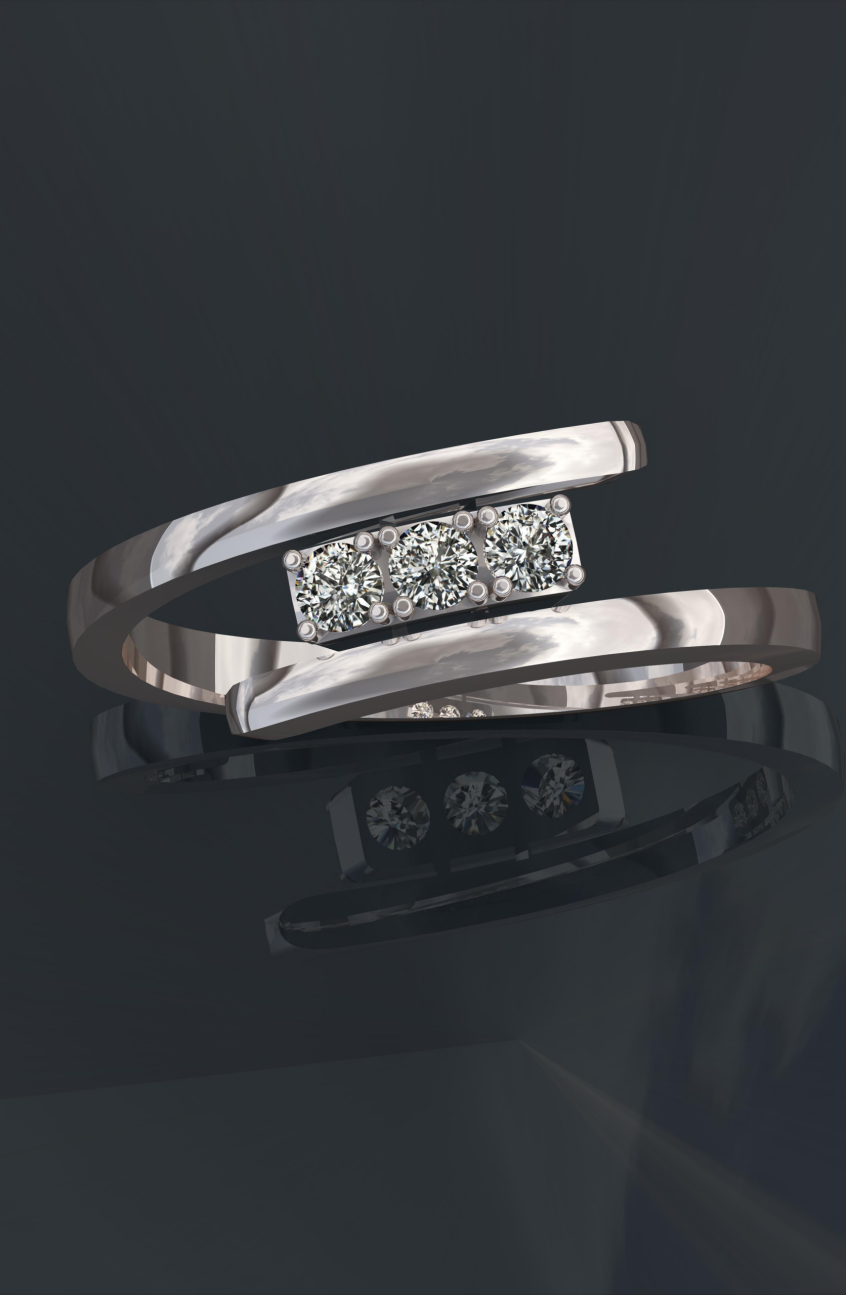 Bague Moderne en Or Blanc 18 Carats et Trilogie de Diamants